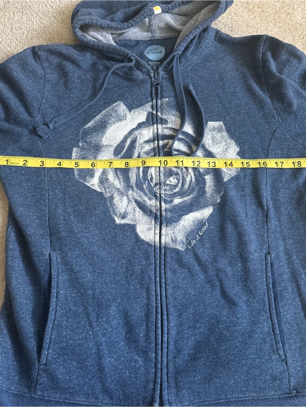 Life Is Good Hoodie Women’s Blue Full Zip Rose Graphic Terry Cotton Floral - Picture 8 of 11